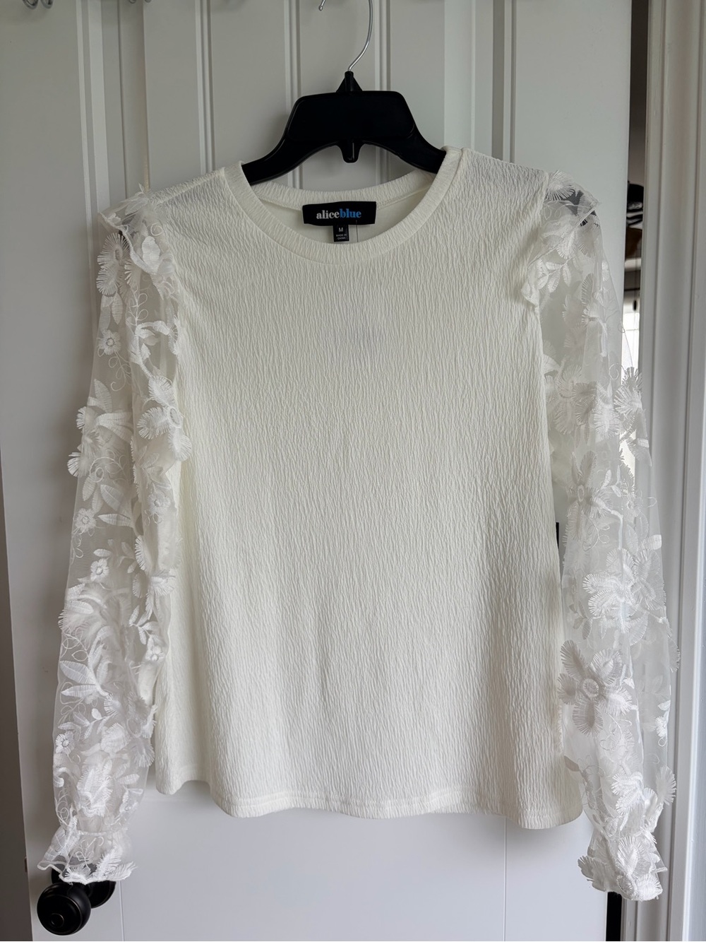AliceBlue White floral Lace-Sleeve Women's Top